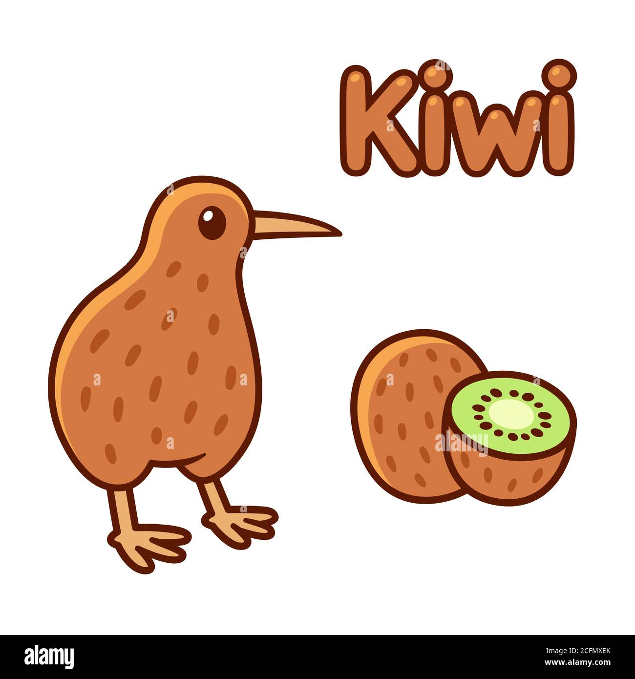 Carino cartone animato kiwi uccello e frutta disegno. Illustrazione della clip art vettoriale isolata. Illustrazione Vettoriale