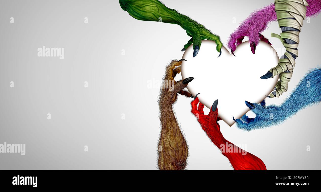 Halloween amore e mani mostro spooky tenendo un cuore come uno zombie una mannetta o mummia e rosso creepy diavolo mano afferrare un jack o lanterna. Foto Stock