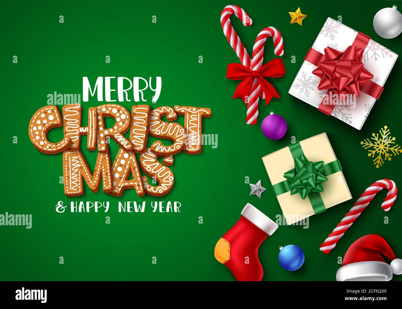 Buon natale vettore banner modello di disegno. Allegro testo di auguri natalizi con pan di zenzero con elementi colorati con spazio vuoto per le feste natalizie. Illustrazione Vettoriale