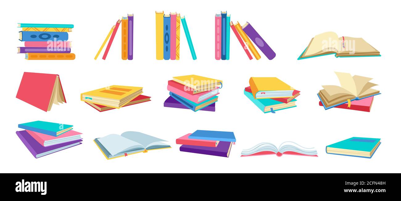 Set di cartoni animati. Libri di testo vuoti disegnati a mano, hardback, pagine vuote per la libreria. Leggere, imparare e ricevere istruzione attraverso la raccolta di libri. Illustrazione vettoriale su sfondo bianco Illustrazione Vettoriale