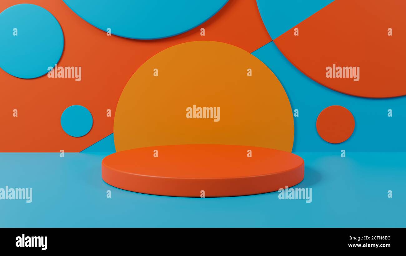 3d rendering vuoto blu e arancione podio per vetrina prodotti mockup. Foto Stock