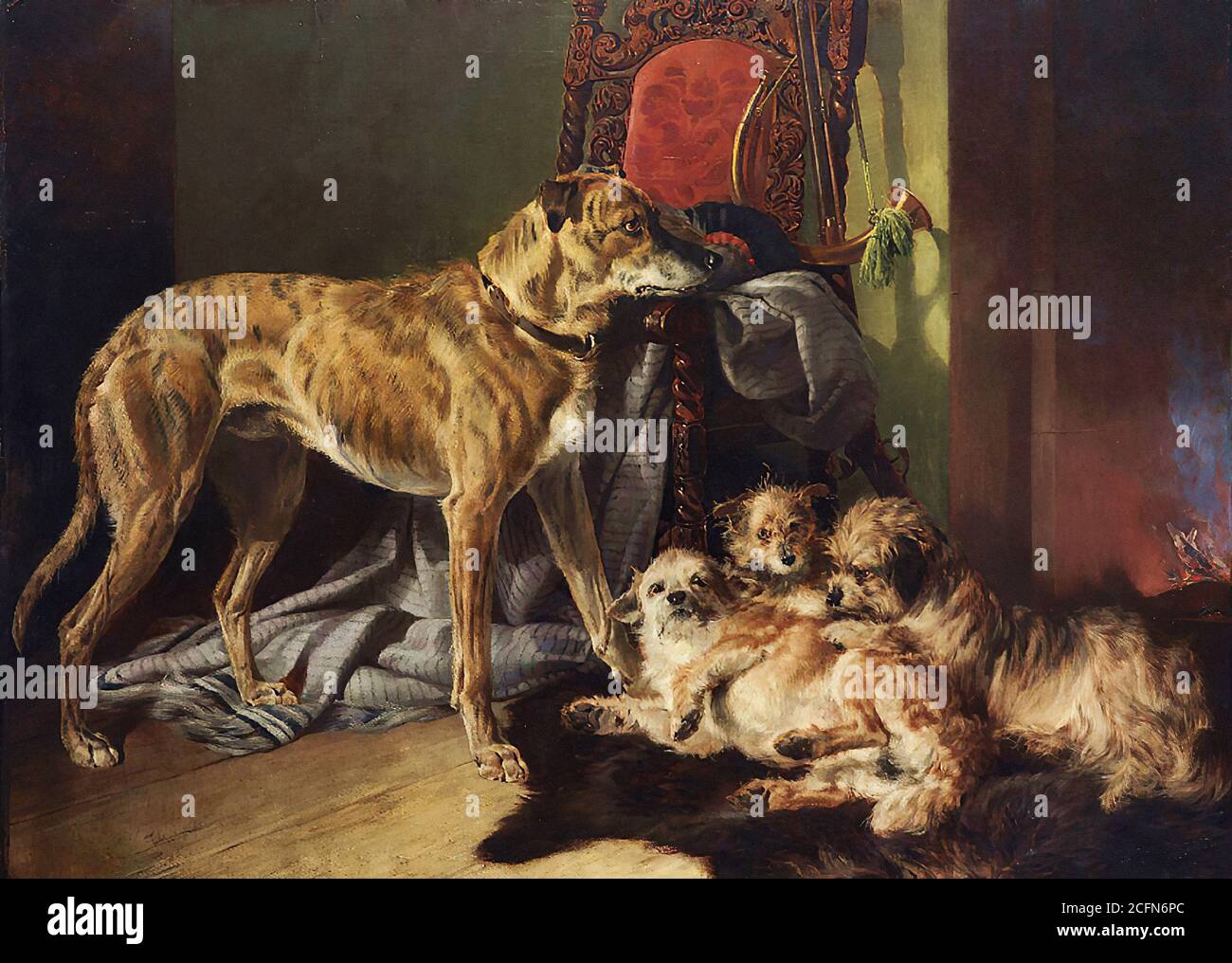Steell Gourlay - un Deerhound scozzese e tre Dandy Dinmonts Da un incendio aperto - British School - 19 ° secolo Foto Stock