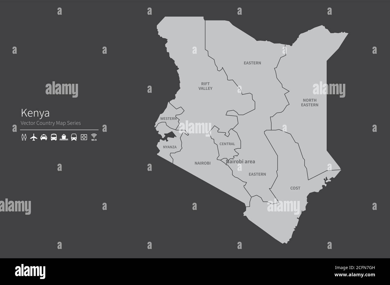 Mappa del Kenya. Mappa nazionale del mondo. Serie di mappe dei paesi di colore grigio. Illustrazione Vettoriale