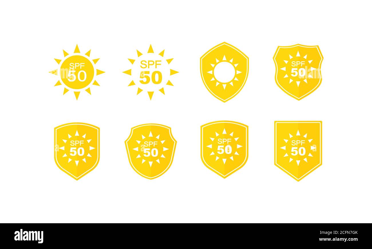 Set di etichette di protezione solare. SPF 50. Vettore su sfondo bianco isolato. EPS 10 Illustrazione Vettoriale