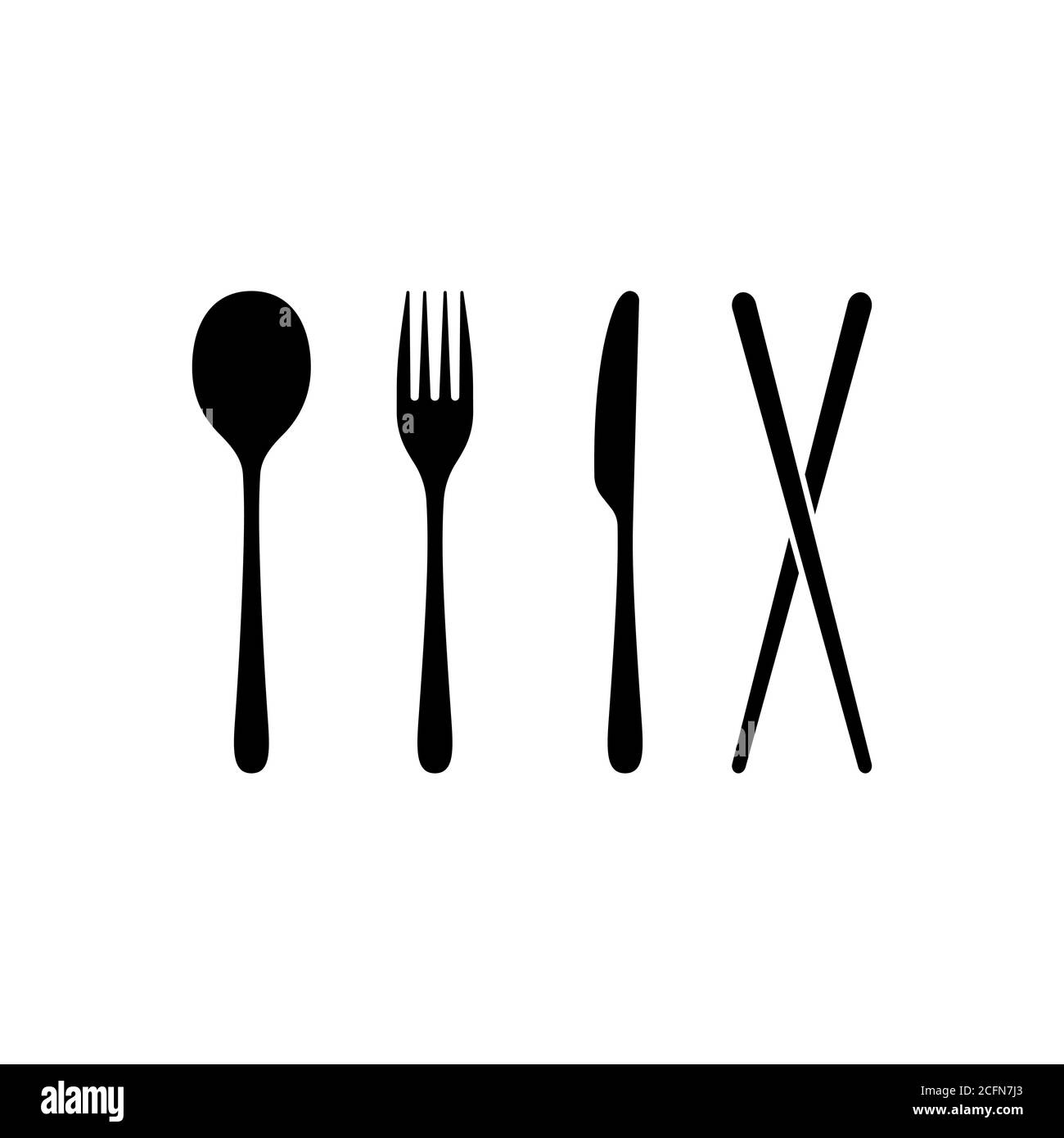 Icona cucchiaio, forchetta, coltello e bacchette. Accessori per sedie. Concetto di ristorante. Vettore su sfondo bianco isolato. EPS 10 Illustrazione Vettoriale