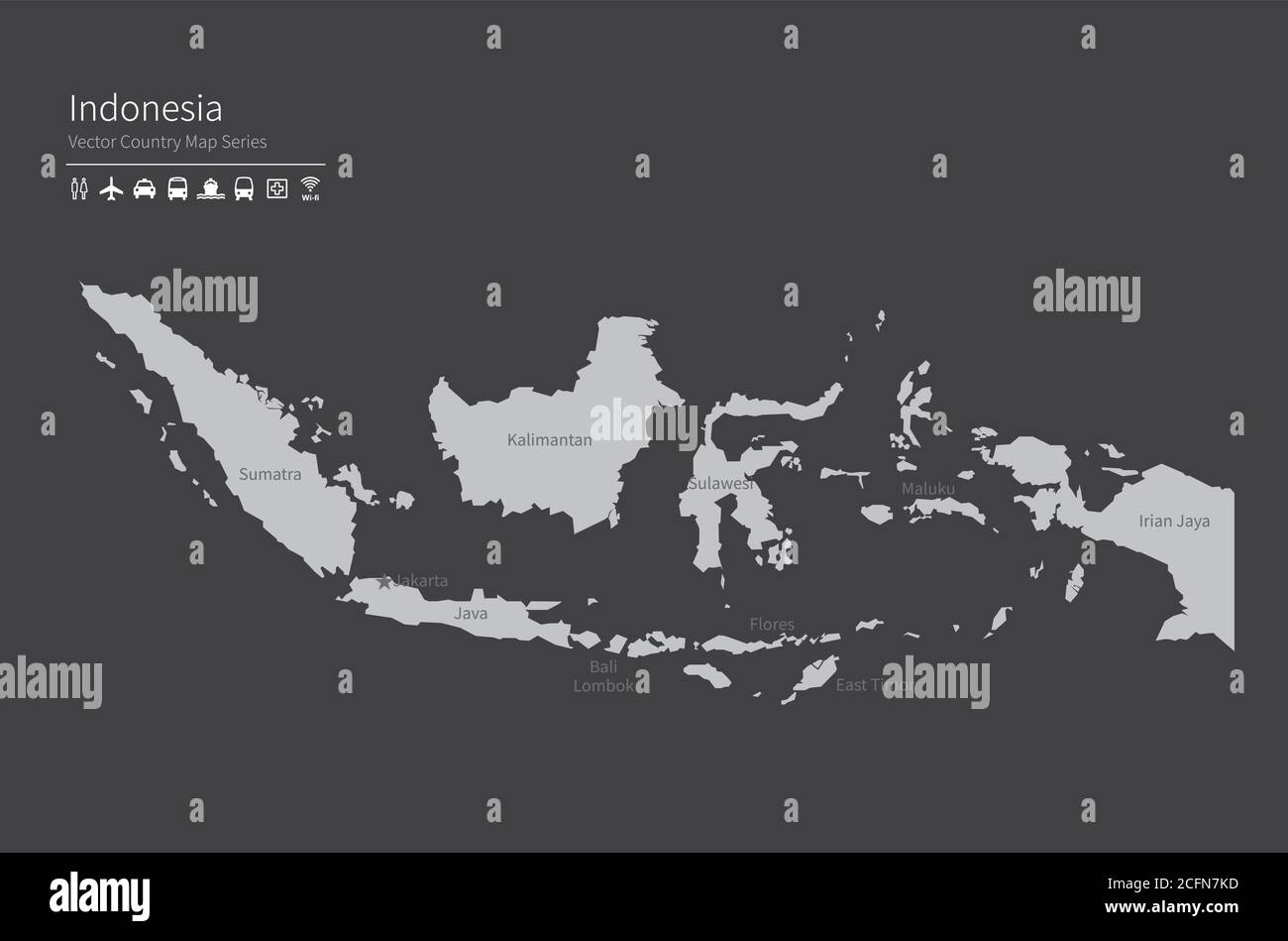 Mappa Indonesia. Mappa nazionale del mondo. Serie di mappe dei paesi di colore grigio. Illustrazione Vettoriale