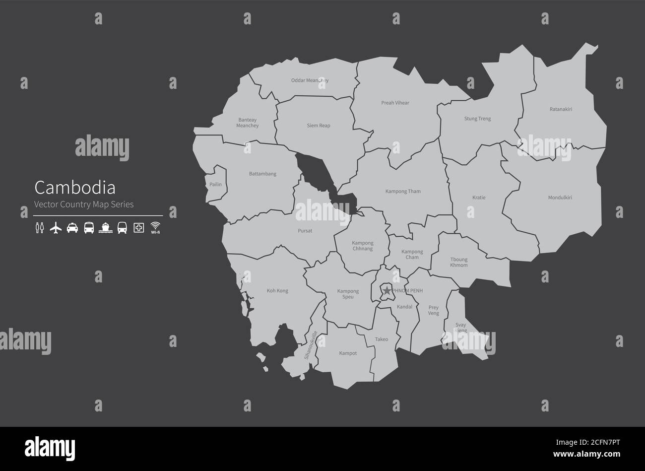 Mappa della Cambogia. Mappa nazionale del mondo. Serie di mappe dei paesi di colore grigio. Illustrazione Vettoriale