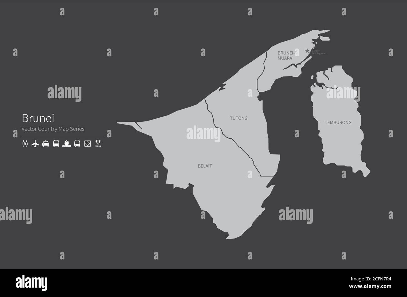 Brunei mappa. Mappa nazionale del mondo. Serie di mappe dei paesi di colore grigio. Illustrazione Vettoriale
