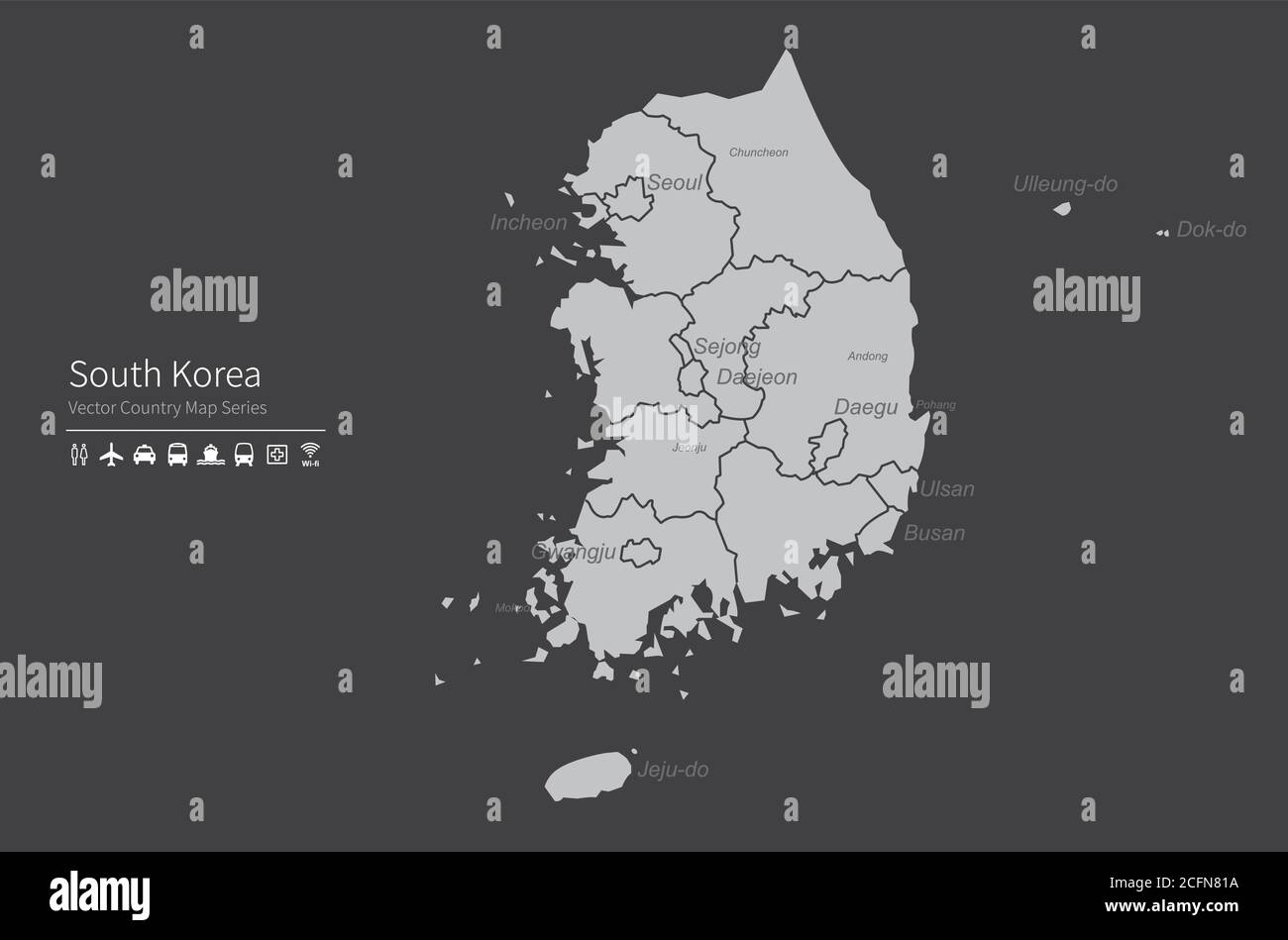Mappa della Corea del Sud. Mappa nazionale del mondo. Serie di mappe dei paesi di colore grigio. Illustrazione Vettoriale