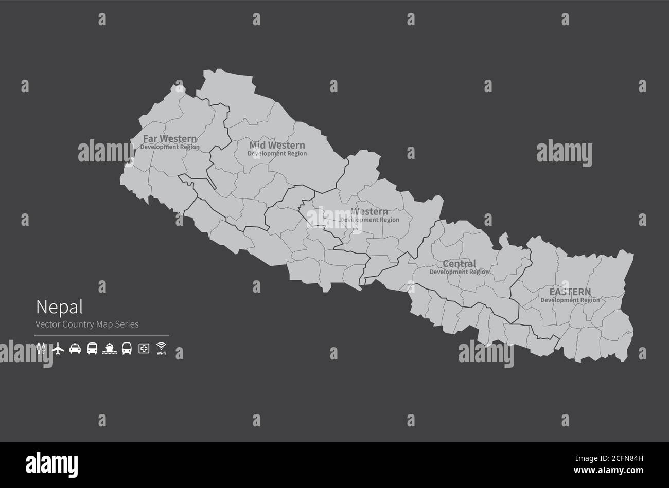 Mappa del Nepal. Mappa nazionale del mondo. Serie di mappe dei paesi di colore grigio. Illustrazione Vettoriale