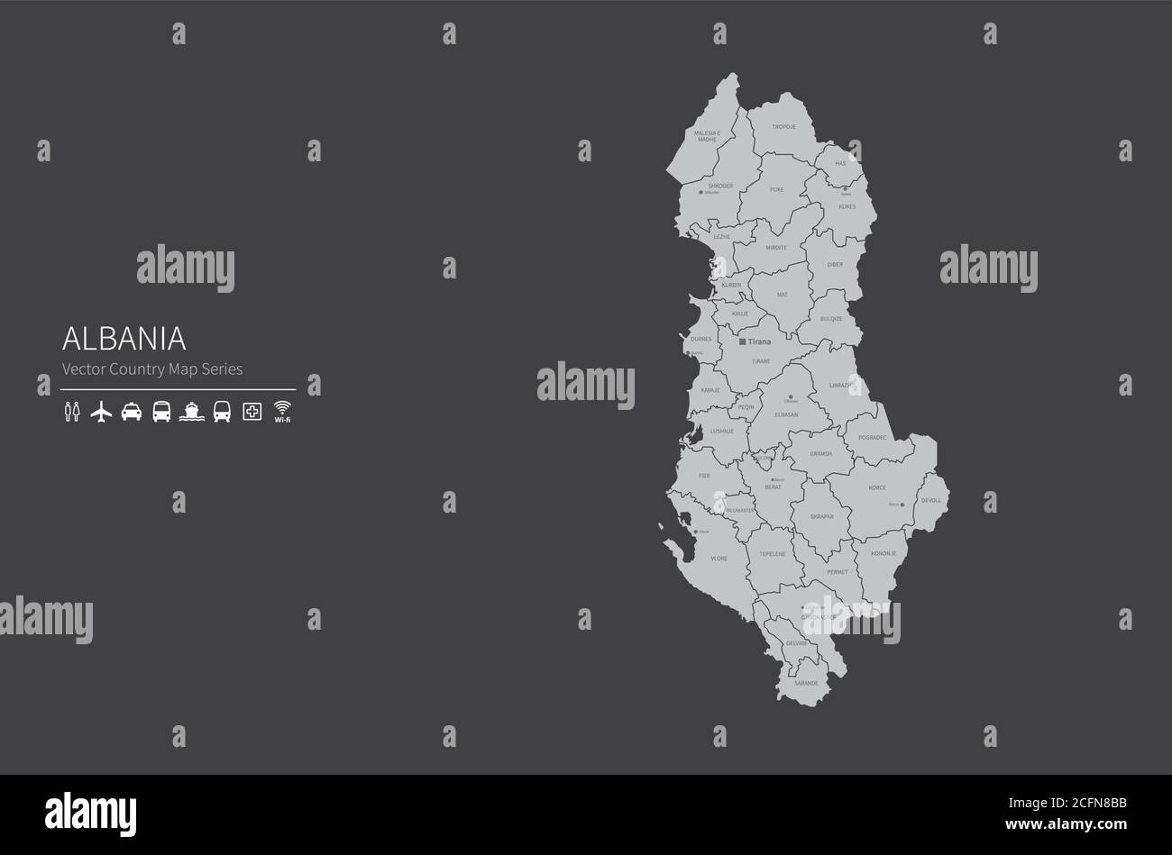 Mappa dell'Albania. Mappa nazionale del mondo. Serie di mappe dei paesi di colore grigio. Illustrazione Vettoriale