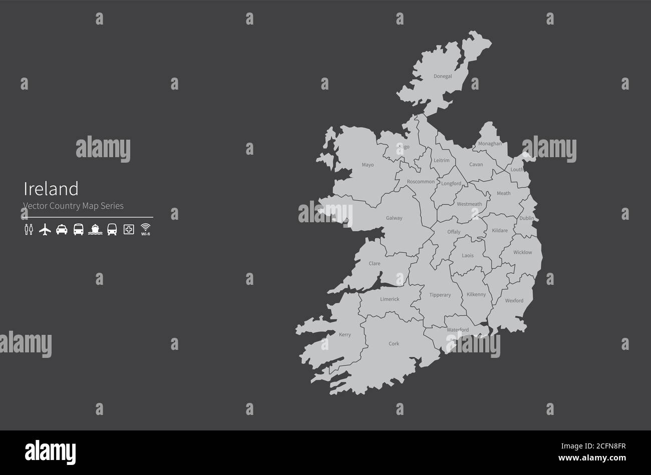 Mappa dell'Irlanda. Mappa nazionale del mondo. Serie di mappe dei paesi di colore grigio. Illustrazione Vettoriale