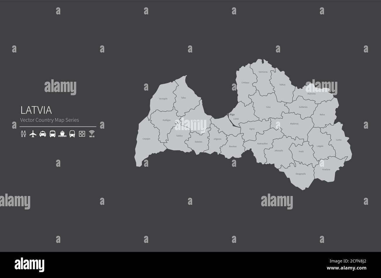 Mappa della Lettonia. Mappa nazionale del mondo. Serie di mappe dei paesi di colore grigio. Illustrazione Vettoriale