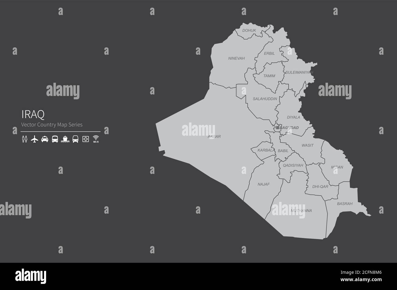 Mappa dell'Iraq. Mappa nazionale del mondo. Serie di mappe dei paesi di colore grigio. Illustrazione Vettoriale