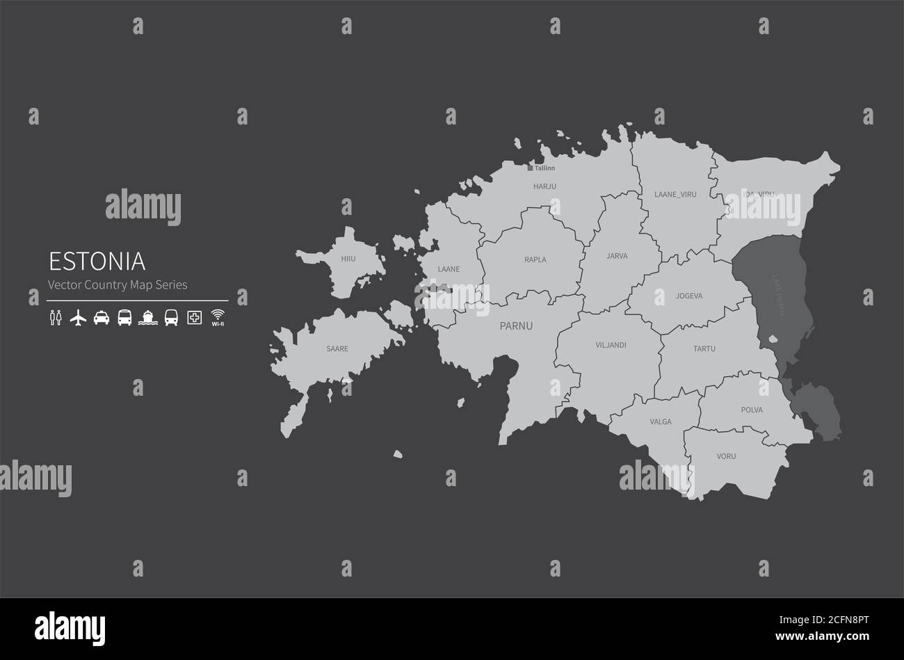 Mappa dell'Estonia. Mappa nazionale del mondo. Serie di mappe dei paesi di colore grigio. Illustrazione Vettoriale