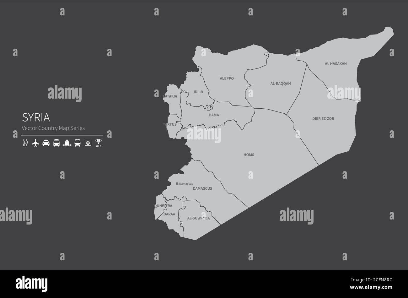Mappa della Siria. Mappa nazionale del mondo. Serie di mappe dei paesi di colore grigio. Illustrazione Vettoriale