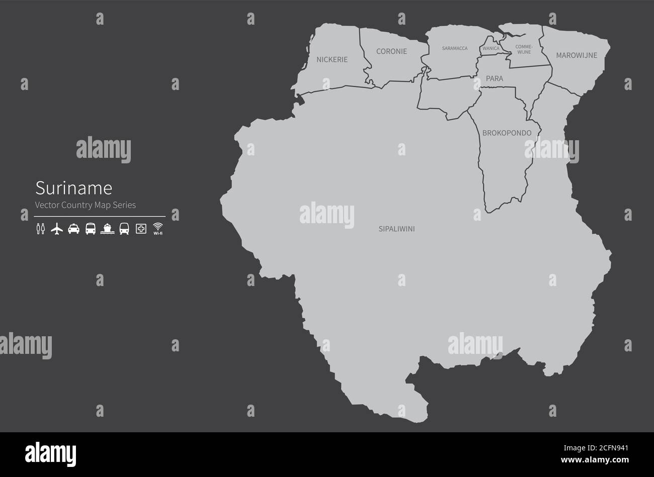 Mappa del Suriname. Mappa nazionale del mondo. Serie di mappe dei paesi di colore grigio. Illustrazione Vettoriale