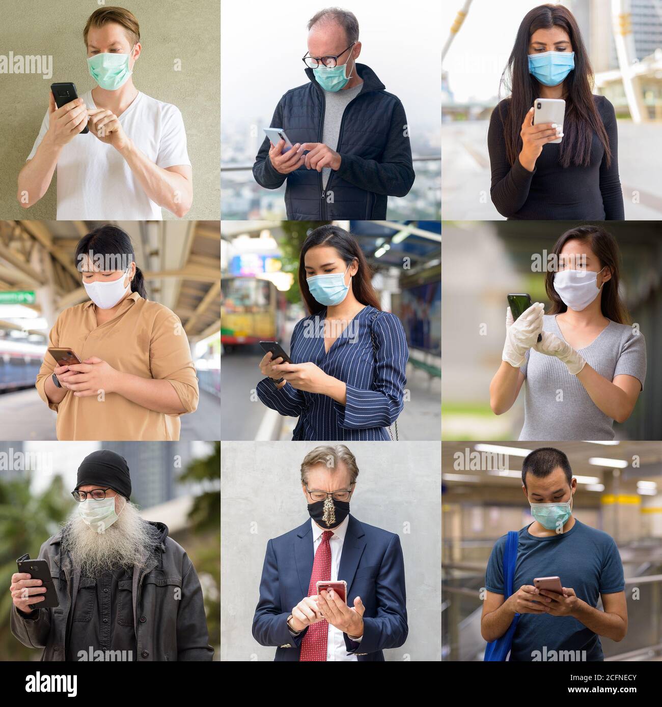 Collage di persone che indossano una maschera protettiva per il viso e che utilizzano il telefono Foto Stock