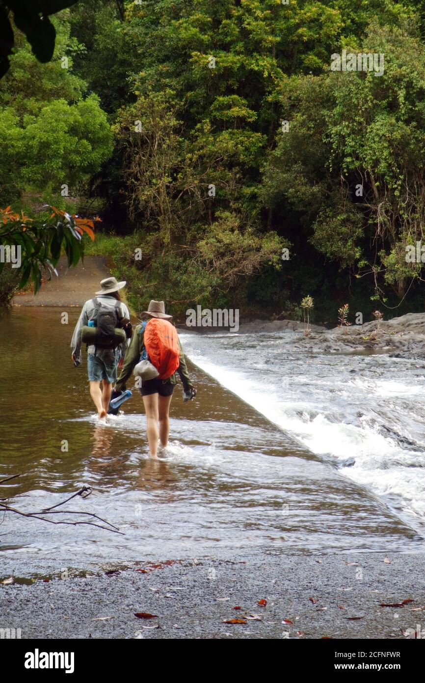 Coppia con zaini che attraversano il fiume Little Mulgrave a Goldfields Causeway, Woonooroonan National Park, Wet Tropics, Queensland, Australia. Foto Stock
