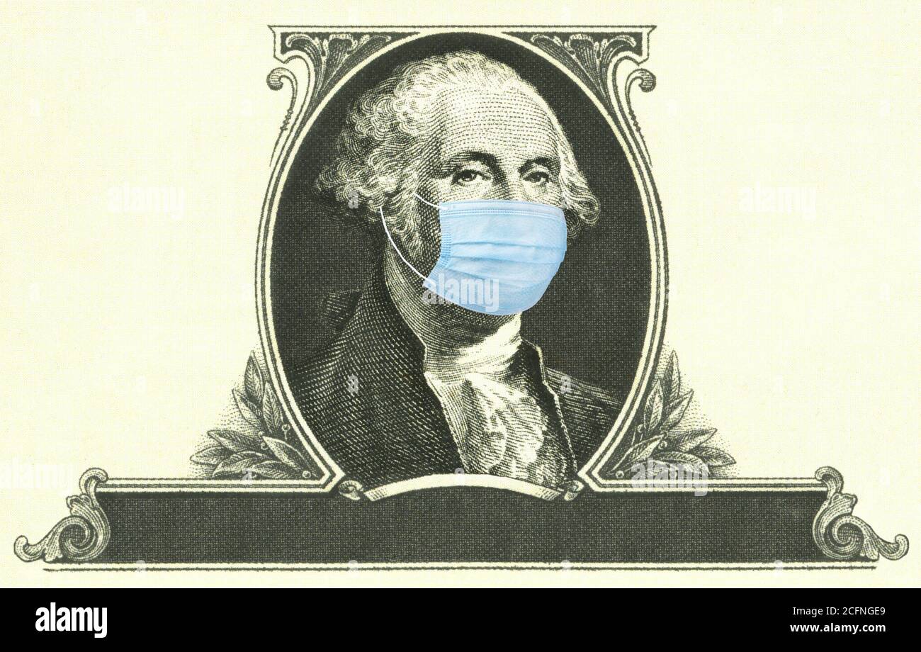 George Washington su un disegno di legge del dollaro che indossa una faccia medica maschera a causa del coronavirus Foto Stock