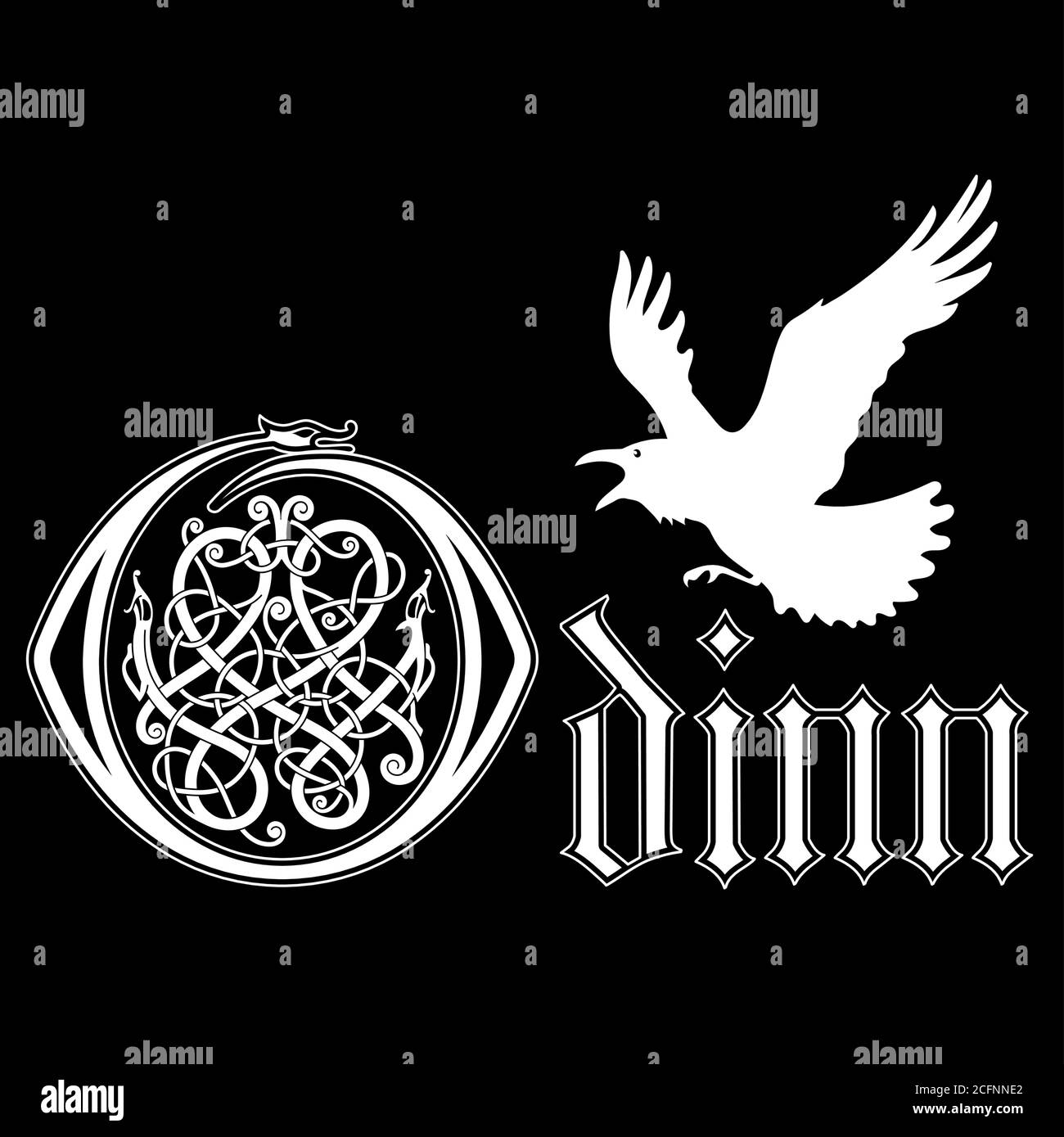 Stilizzato sotto l'iscrizione Old Norse - Odin, l'antico Dio supremo scandinavo e il Raven volante Illustrazione Vettoriale