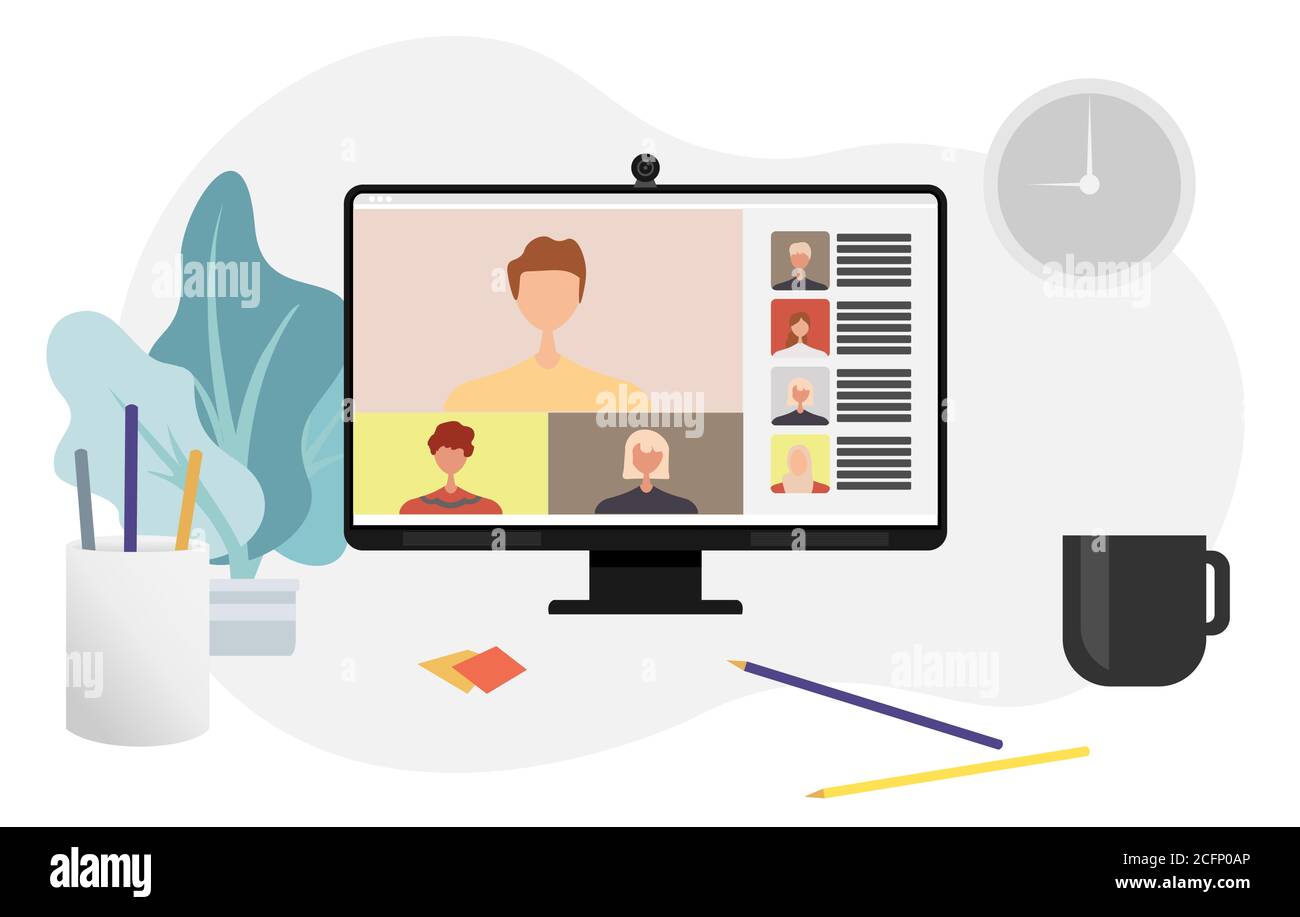 I colleghi si comunicano tra loro sullo schermo del computer. Videochiamata in conferenza, lavoro dal design vettoriale domestico. Illustrazione Vettoriale