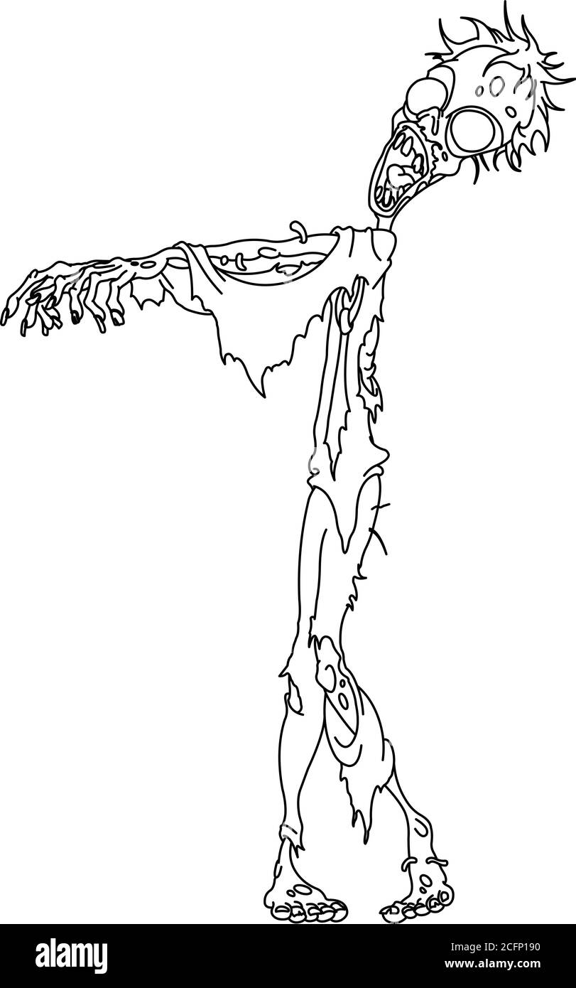 Zombie camminando delineato. Pagina di colorazione dell'illustrazione della linea vettoriale. Illustrazione Vettoriale