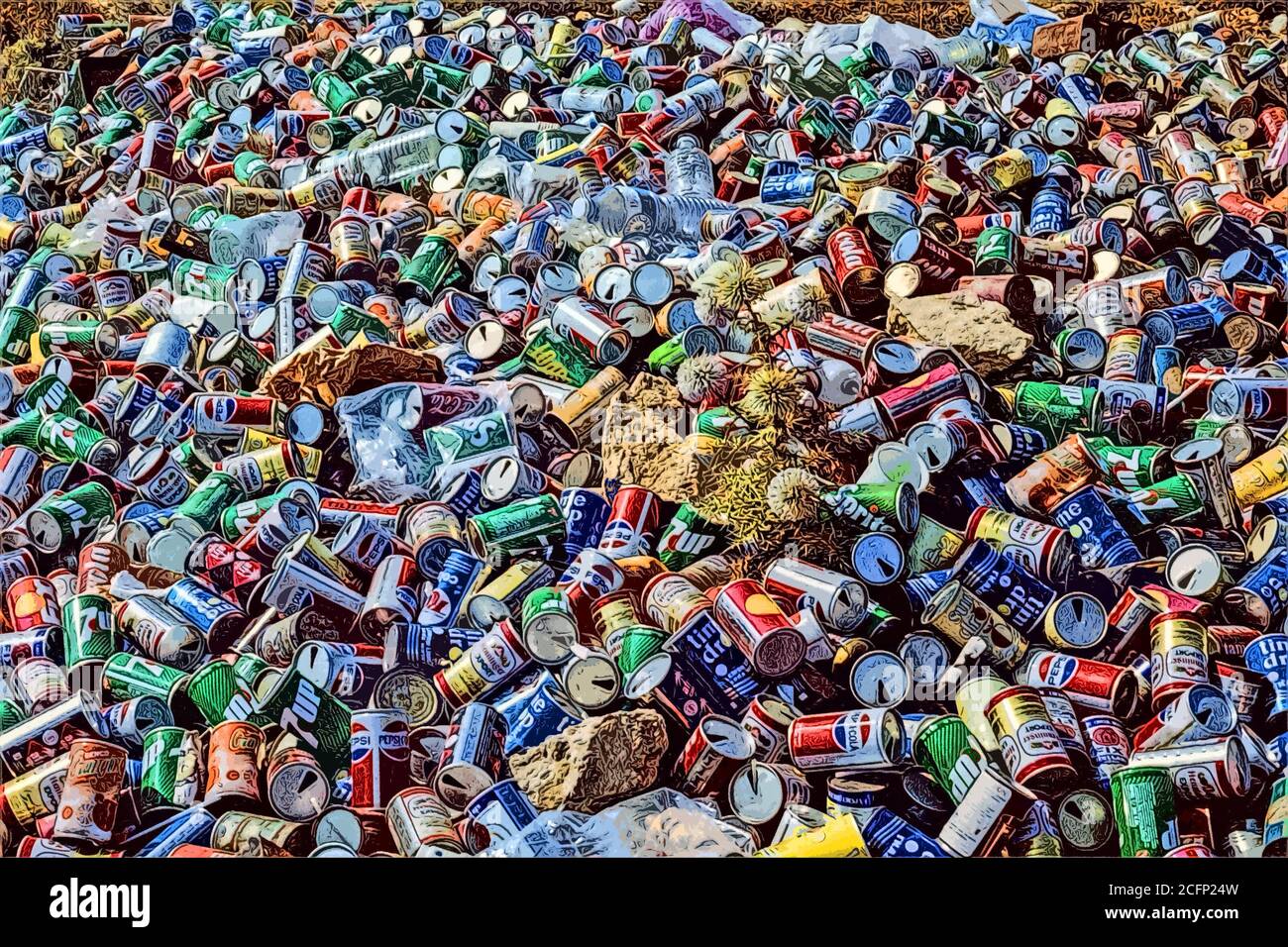 Foto illustration Archival shot di bevande cand scartato su una spiaggia Dal francese mediterraneo Foto Stock