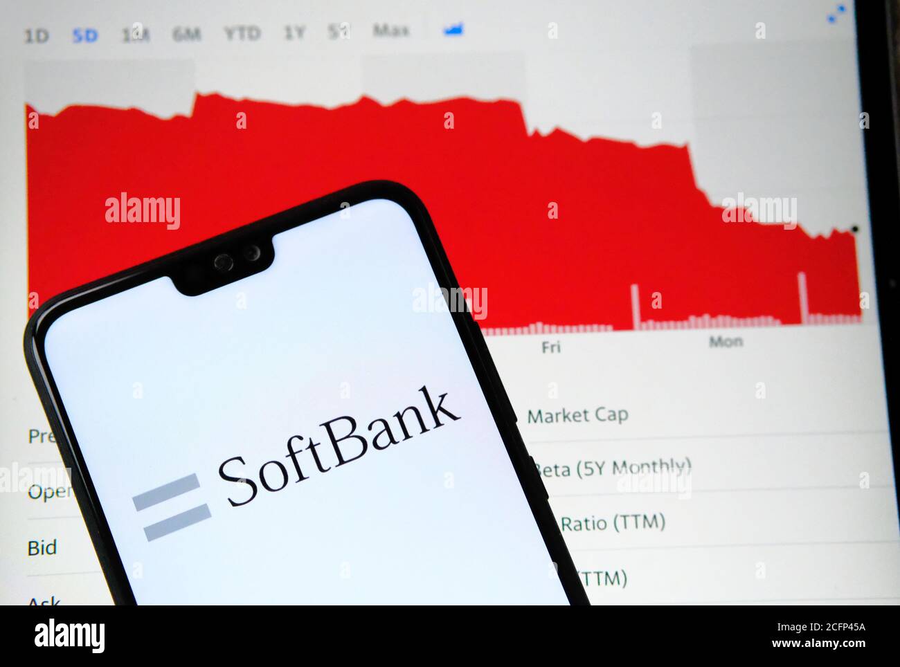 Logo SoftBank sullo schermo dello smartphone e grafico di riduzione dei prezzi su sfondo sfocato. Messa a fuoco selettiva. Foto Stock