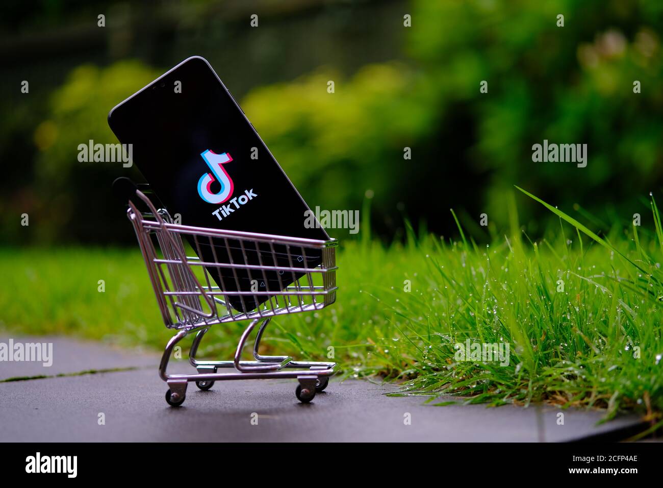 Logo TikTok sullo smartphone collocato in un carrello per lo shopping in miniatura. Vendita e acquisizione di TikTok da parte di Microsoft, Oracle o Walmart. Concetto. Foto Stock