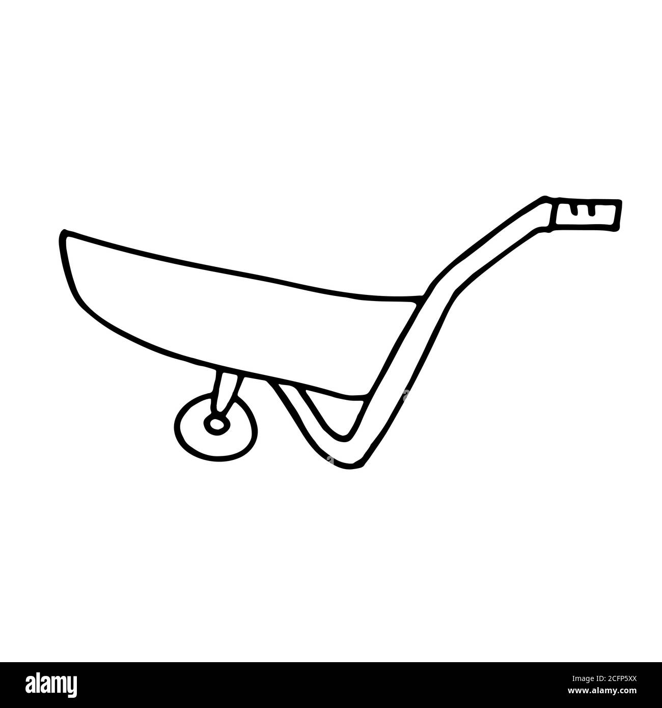 Carriola in stile doodle. Tema di giardinaggio. Illustrazione vettoriale disegnata a mano in inchiostro nero isolato Illustrazione Vettoriale