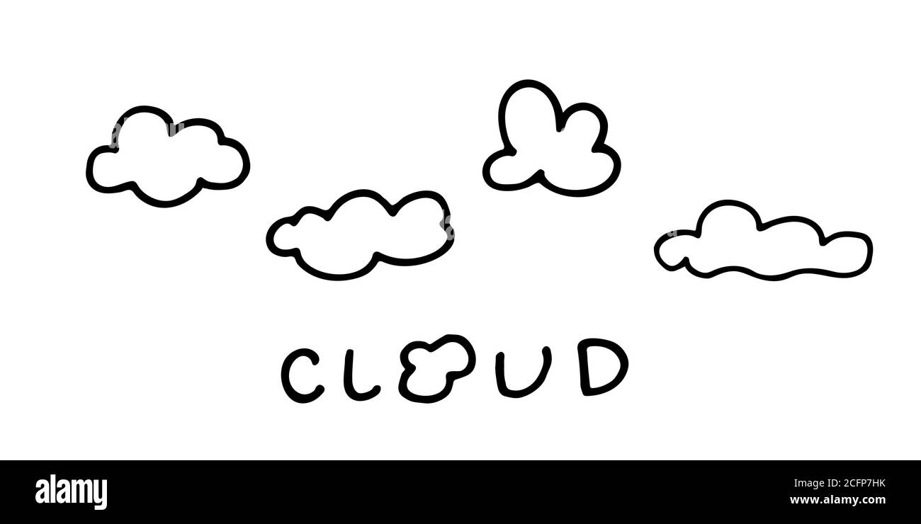 doodle nube illustrazione disegnata a mano vettore. Alcune nuvole semplici sul cielo. Spessa corsa nera isolata Illustrazione Vettoriale