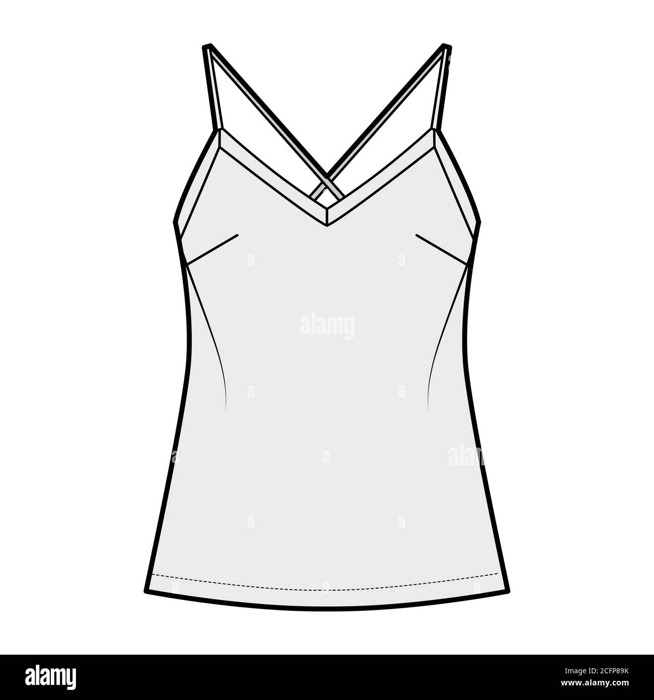 Camisole illustrazione tecnica della moda con collo a V lusinghiero, spalline incrociate con spaghetti, vestibilità rilassata. Modello di abbigliamento da esterno piatto, colore grigio. Donna, uomo maglia unisex top mockup CAD Illustrazione Vettoriale