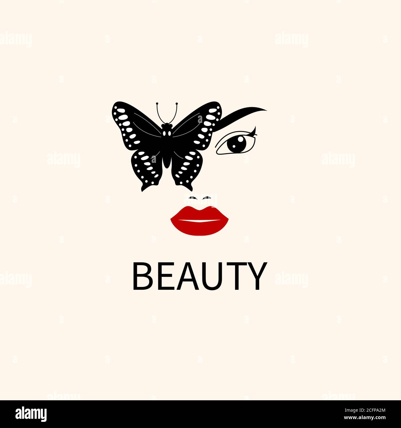 Logo di bellezza con viso e farfalla. Bella ragazza icona Illustrazione Vettoriale