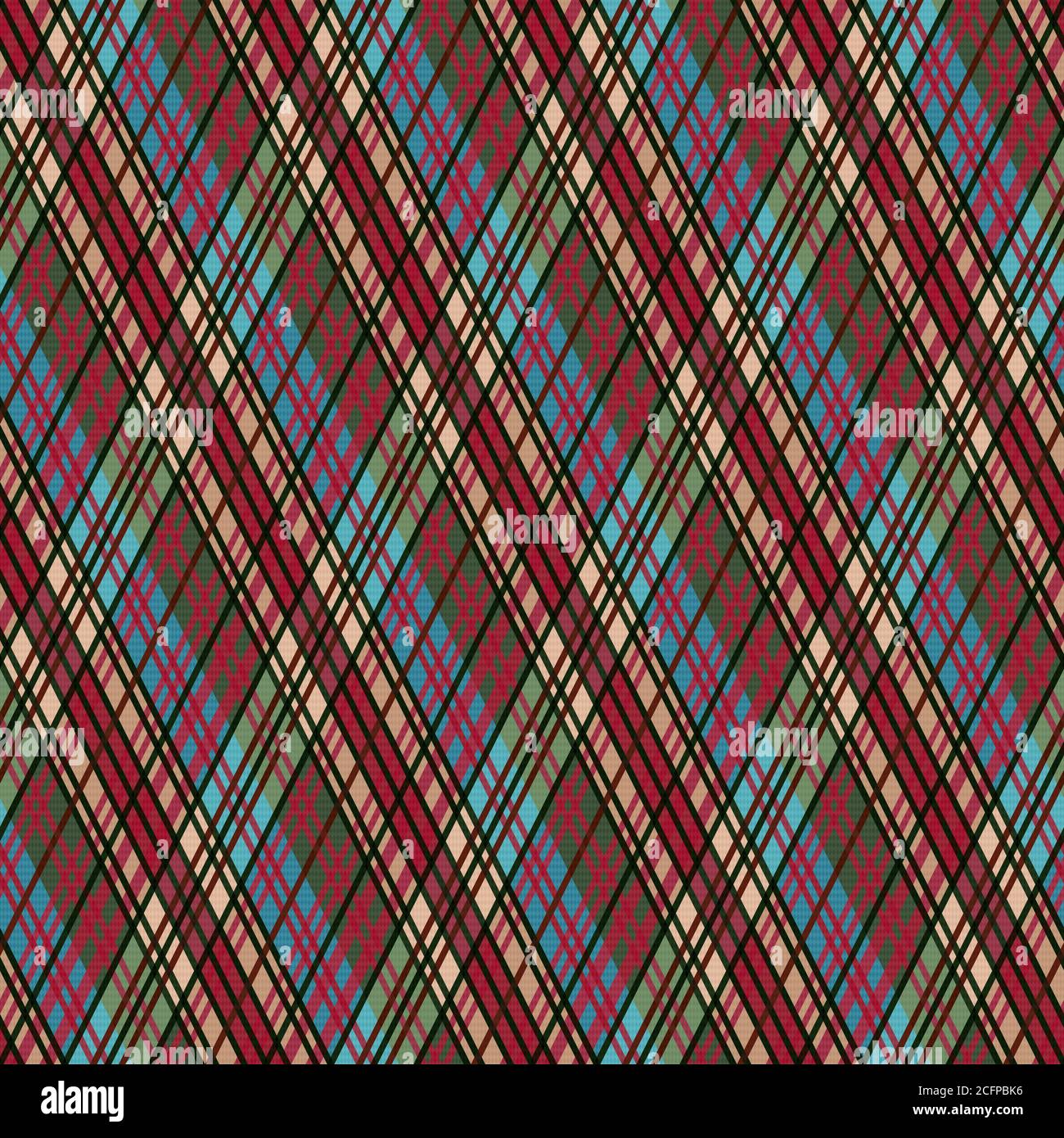 Rombico senza cuciture colorato nelle tonalità verde, blu e beige con linee rosa che raffigura un motivo di tartan plaid Illustrazione Vettoriale