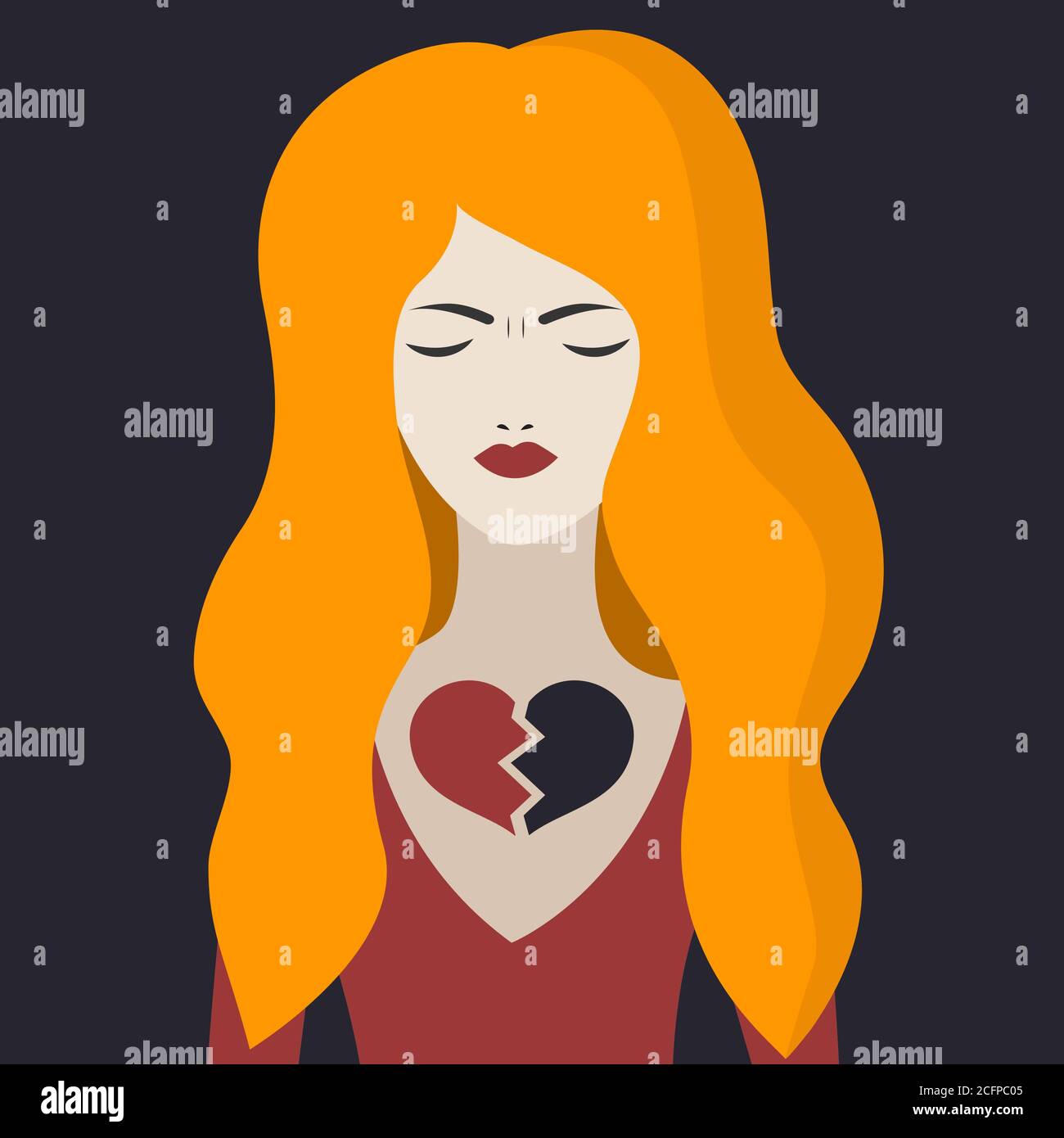 Ragazza con cuore rotto, illustrazione vettoriale. Ritratto della giovane donna solitaria triste Illustrazione Vettoriale