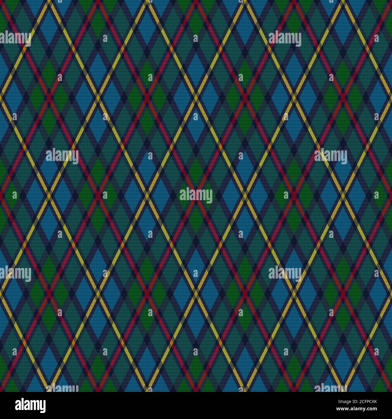 Modello vettoriale senza cuciture Rhomb dettagliato come plaid tartan in tonalità blu e verde mutate con linee rosa e gialle, texture per camicia in flanella, plaid, ta Illustrazione Vettoriale
