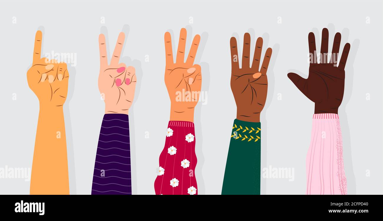 Vettore del segno del movimento della mano. Set di conteggio sulle dita. Cinque icone di polso con conteggio delle dita in stile cartoon. Mani di persone di razze diverse. Illustrazione Vettoriale