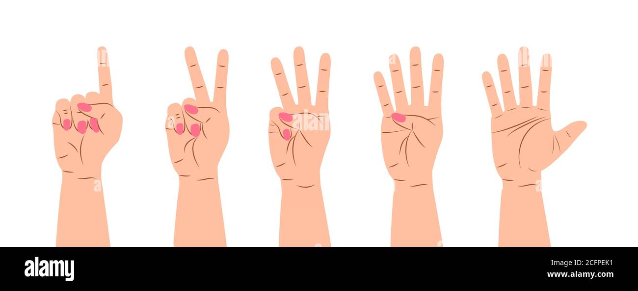Vettore del segno del movimento della mano. Set di conteggio sulle dita. Cinque icone di polso con conteggio delle dita in stile cartoon. Illustrazione Vettoriale