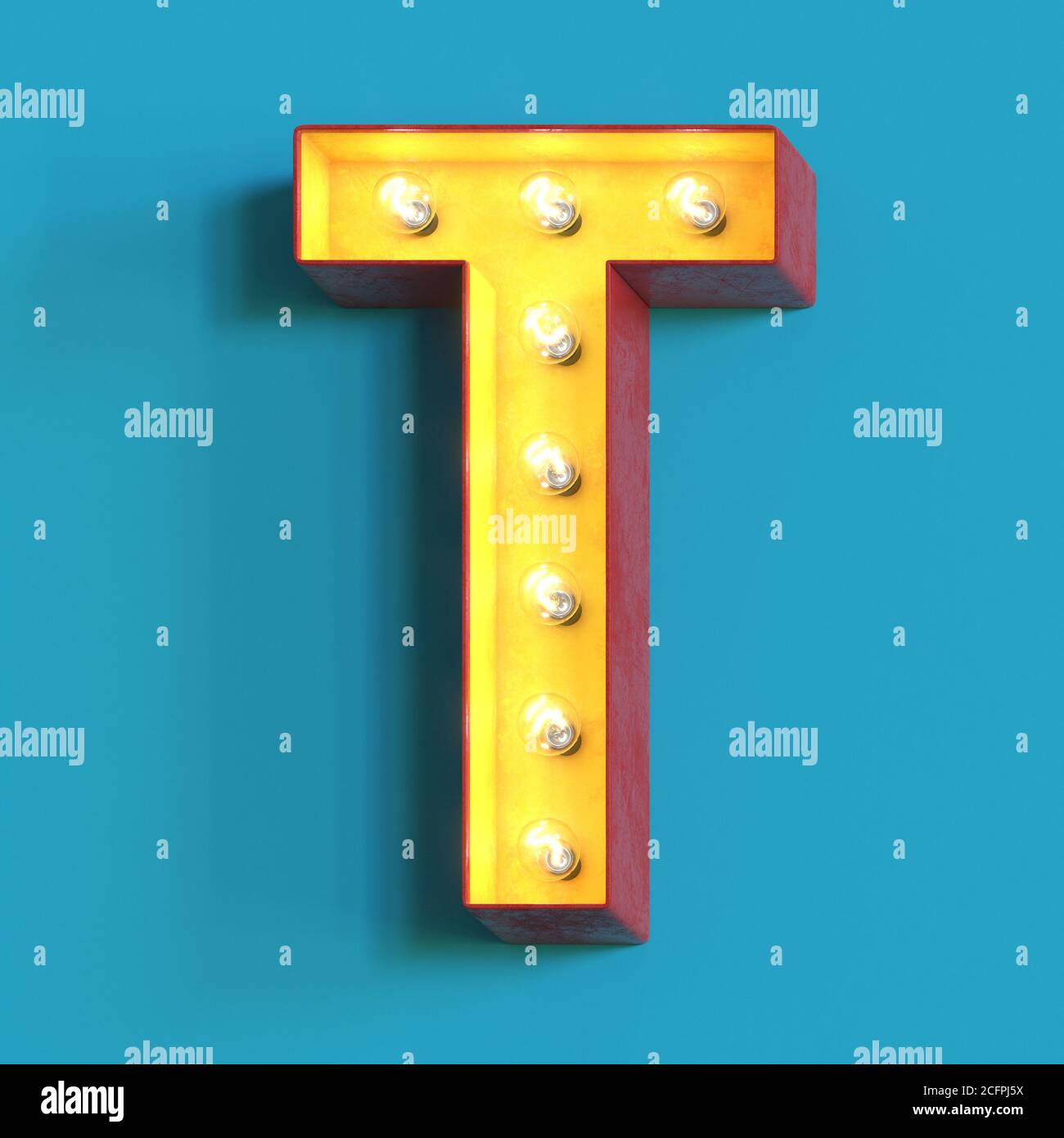 Font incandescente lampadina, carattere alfabeto 3d, rendering 3d, lettera T. Foto Stock