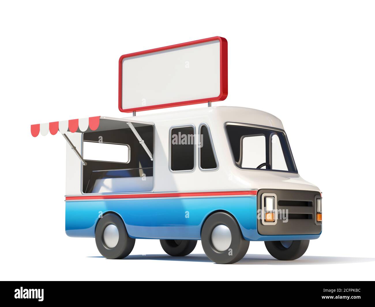 Food Truck con un cartello vuoto sopra di esso, Street food, mobile fast food 3d rendering Foto Stock