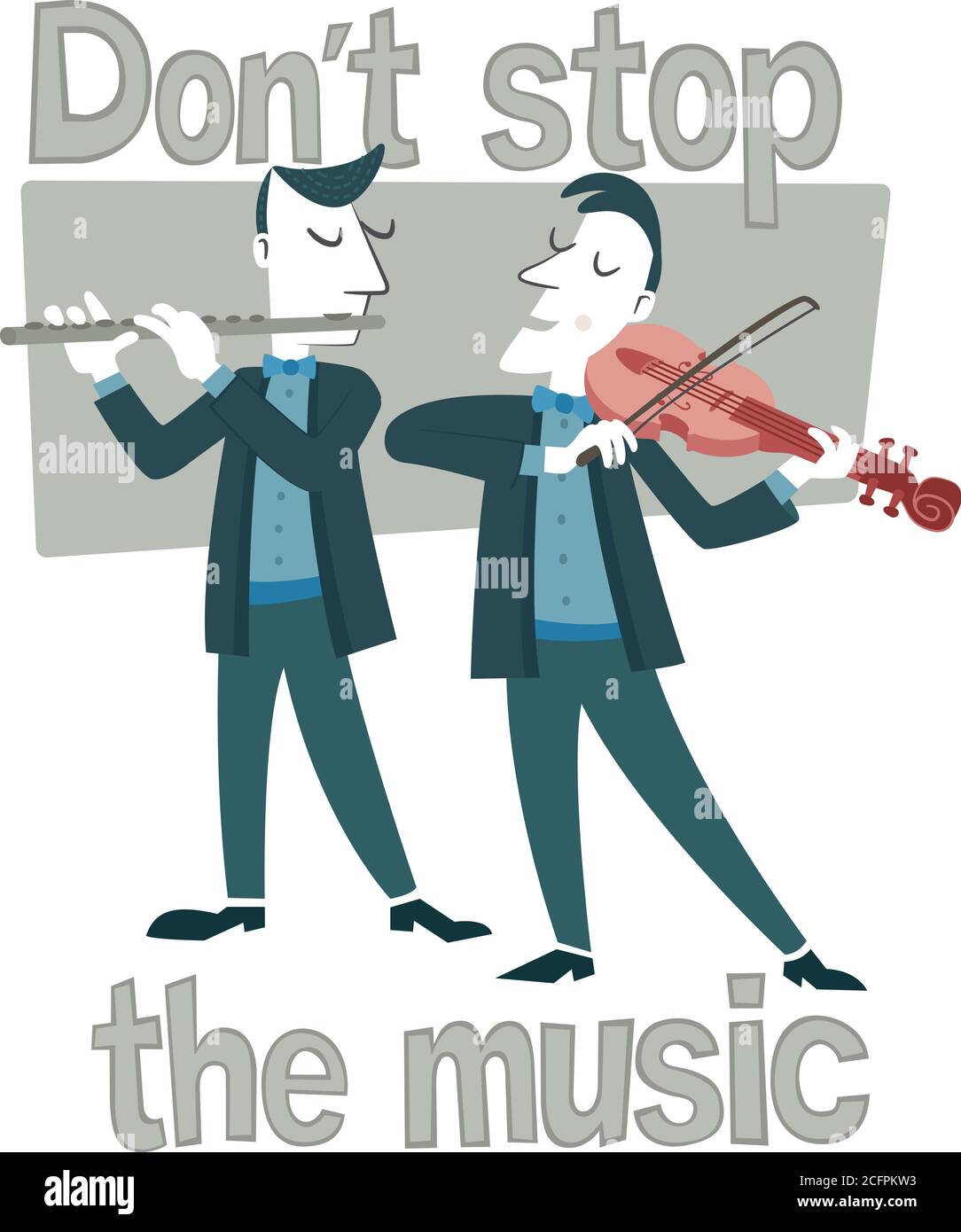 Illustrazione in stile retrò di due musicisti che suonano il violino e il flauto. Intorno all'illustrazione, viene scritta la frase "non interrompere la musica". Illustrazione Vettoriale