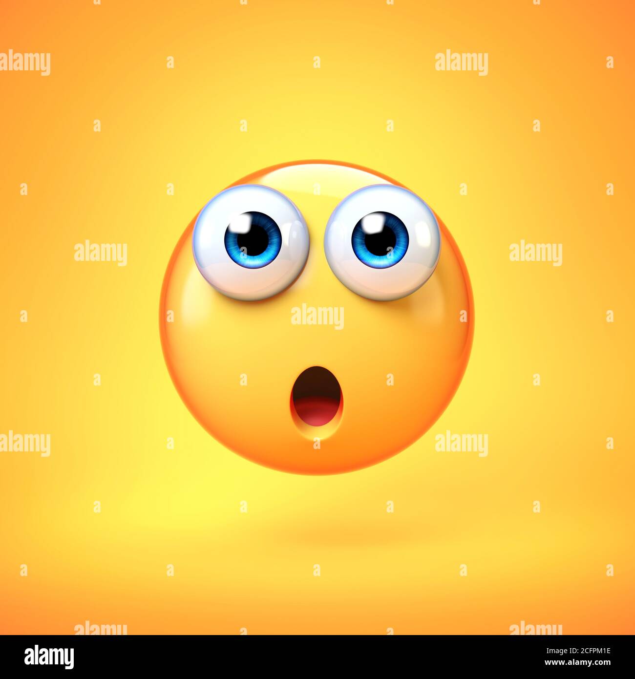 Emoji sorpreso isolato su sfondo giallo, emoticon sconvolto rendering 3d Foto Stock