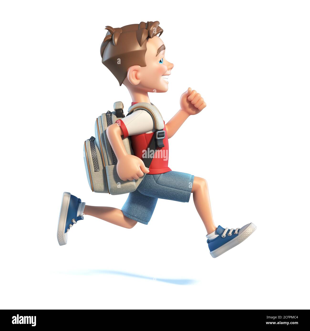 Ragazzo giovane con borsa da scuola running, personaggio cartoon  stilizzato, capretto da scuola 3D rendering Foto stock - Alamy