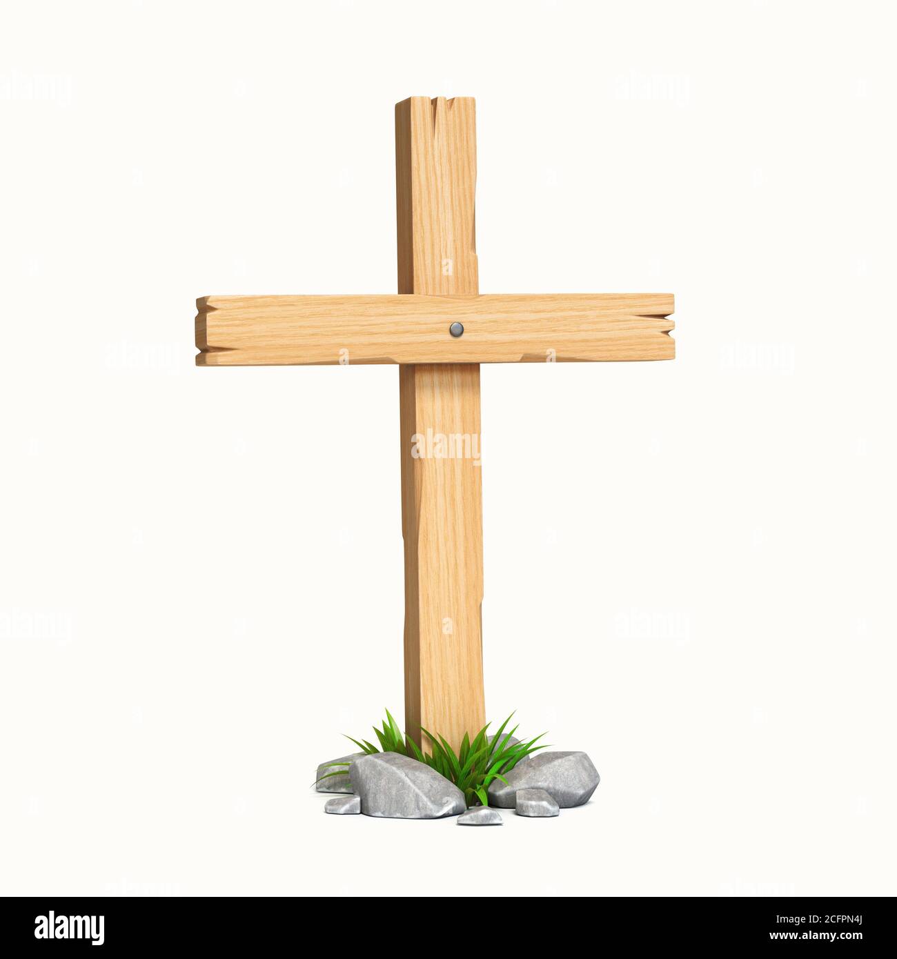 Tomba a croce di legno isolato su sfondo bianco rendering 3d Foto Stock
