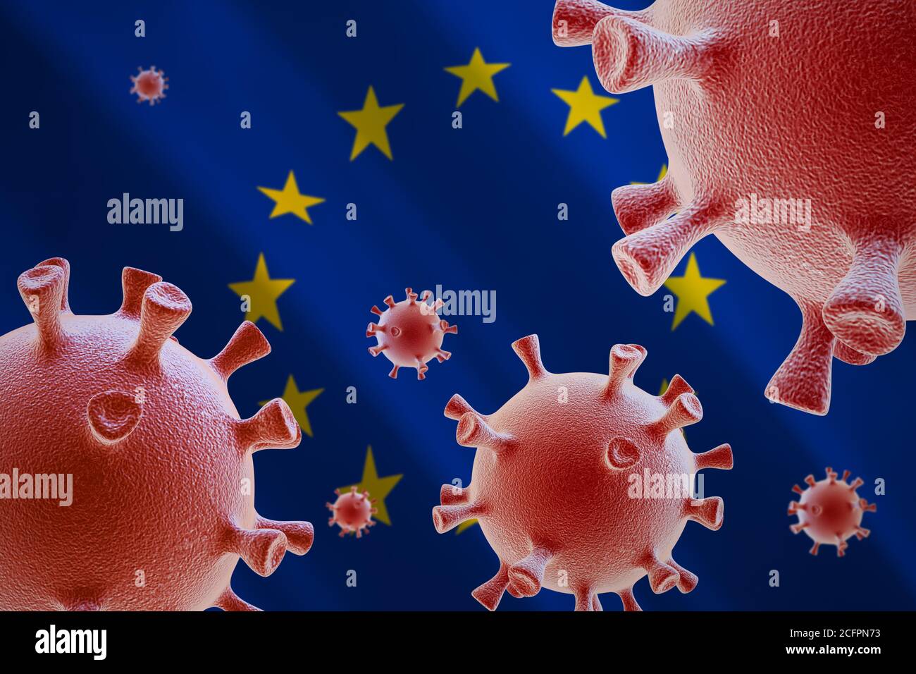 COVID-19. Cellule di coronavirus sullo sfondo della bandiera dell'Unione europea Foto Stock