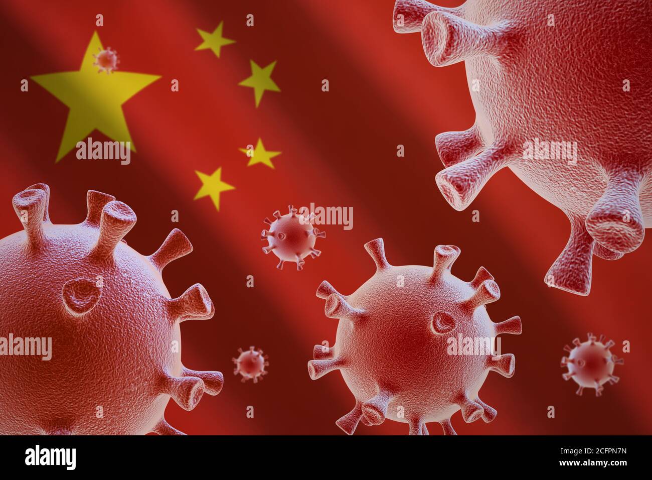 COVID-19. Cellule di coronavirus sullo sfondo della bandiera della Cina Foto Stock