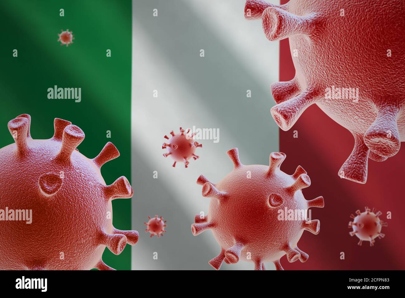 COVID-19. Cellule di coronavirus sullo sfondo della bandiera d'Italia Foto Stock