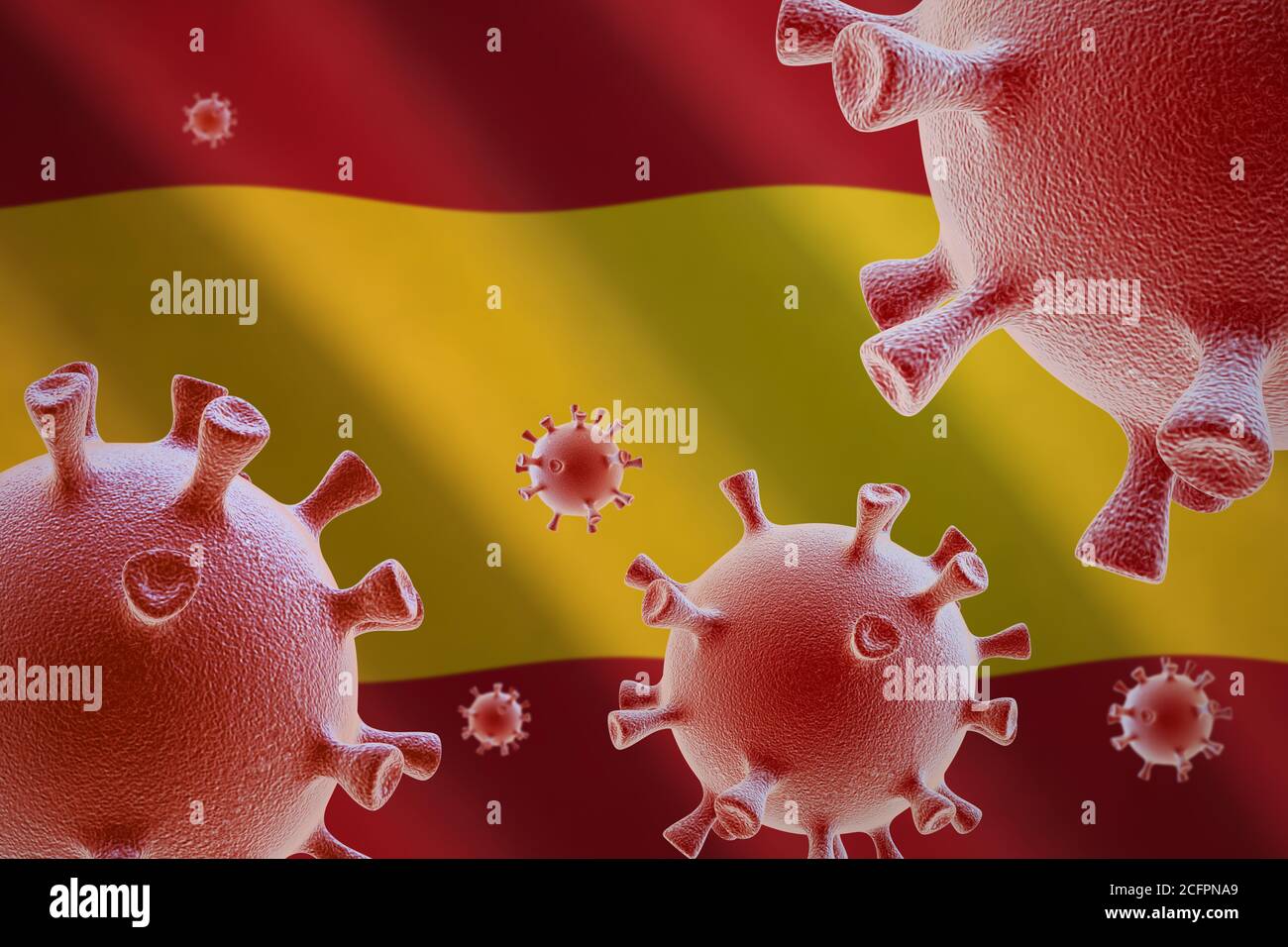 COVID-19. Cellule di coronavirus sullo sfondo della bandiera della Spagna Foto Stock