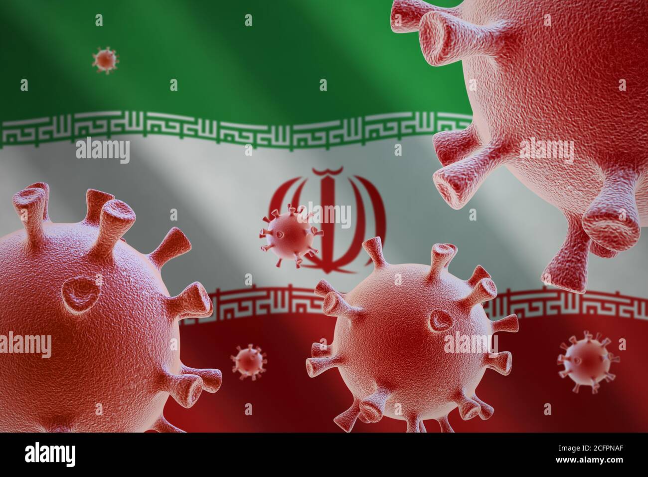 COVID-19. Cellule di coronavirus sullo sfondo della bandiera dell'Iran Foto Stock
